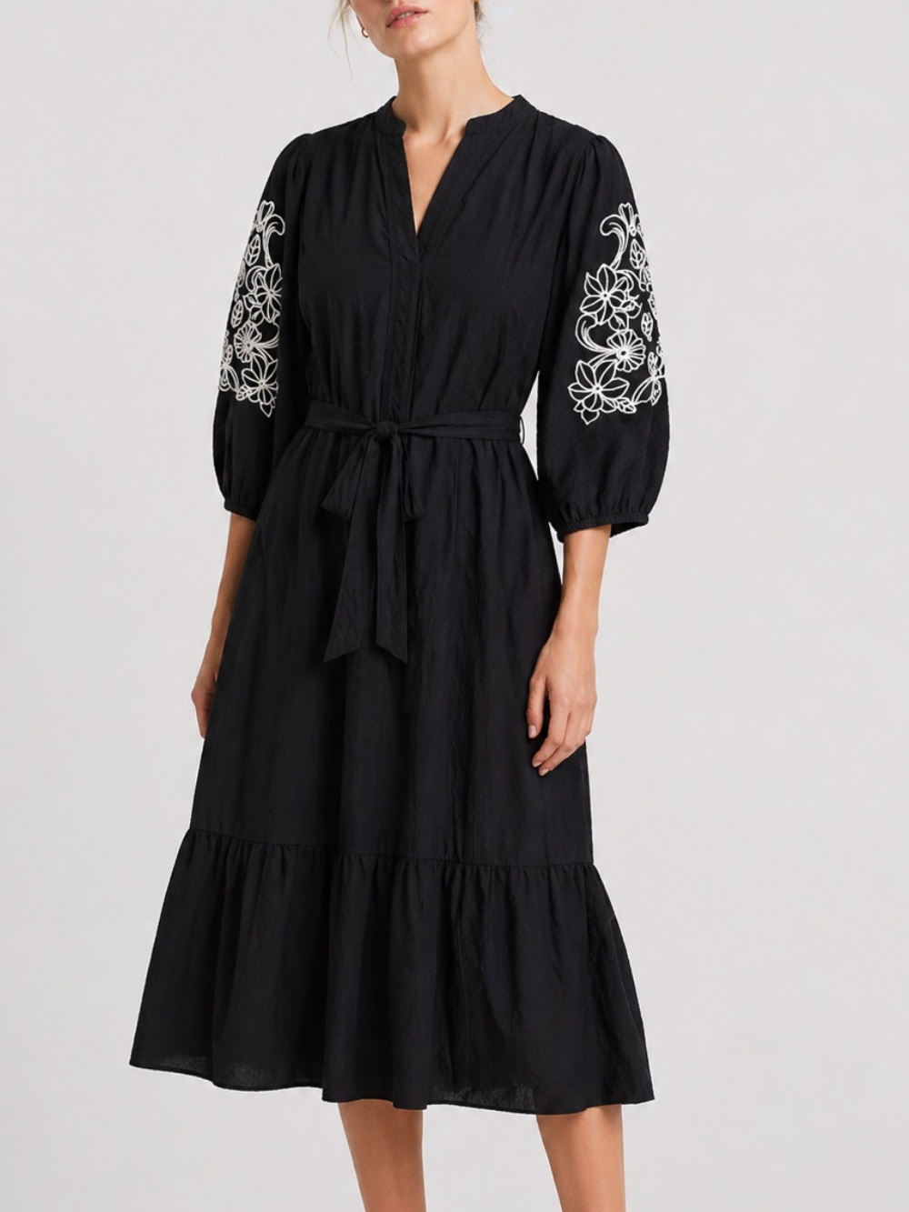 Draper James Black Midi Dress with White Floral Sleeve Embroidery
